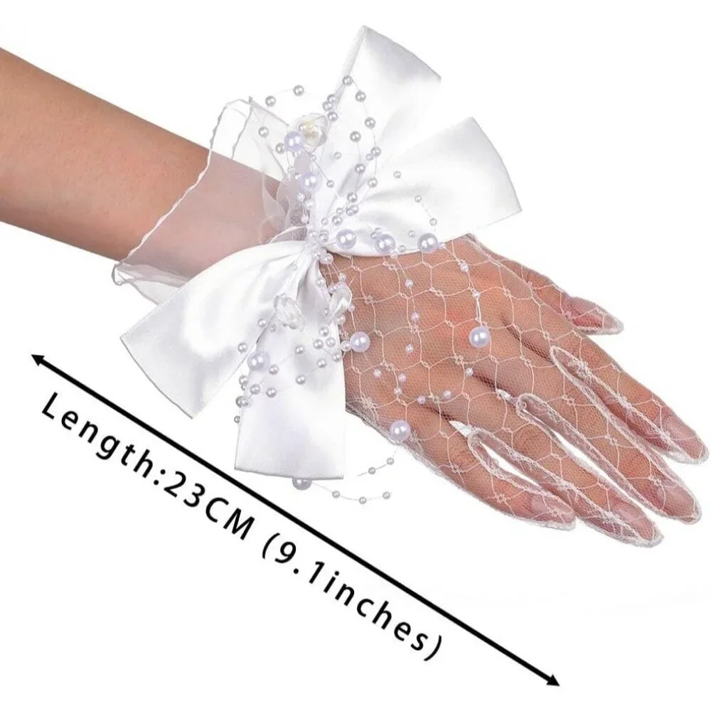 Women's Crystal Satin Bow Wrist White Gloves Short Length Wedding Accessories